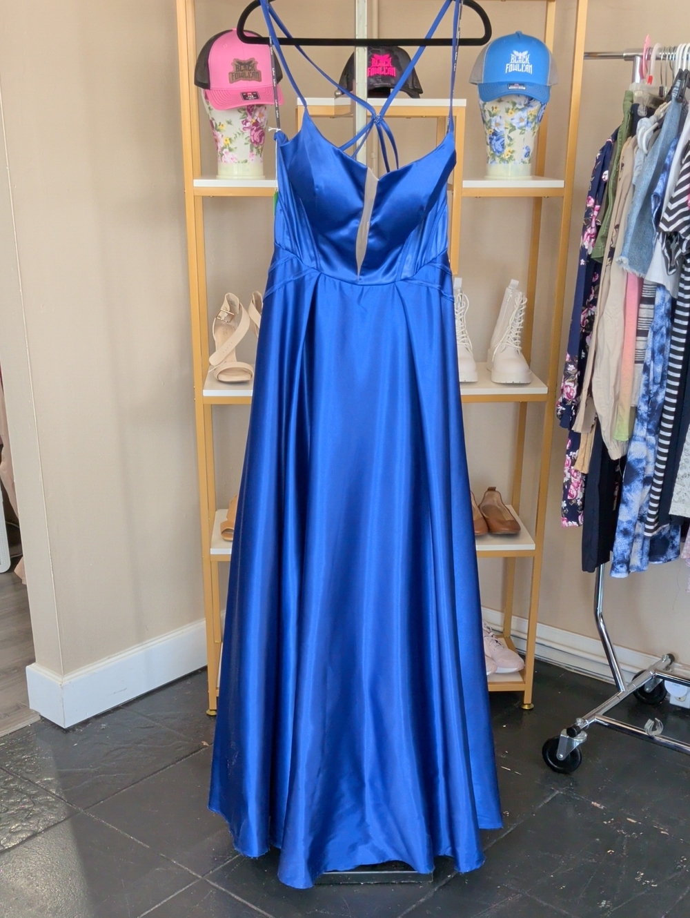 Blue Satin Evening Gown - Spaghetti Strap Prom Dress